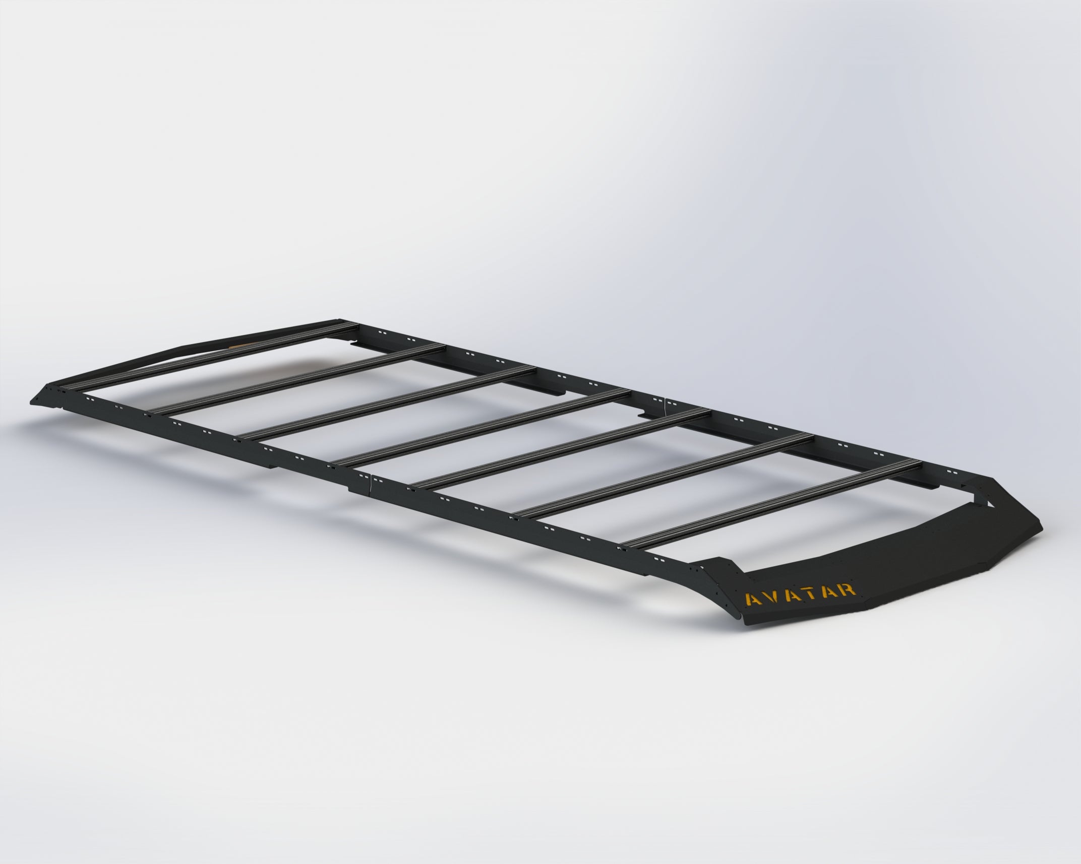Front view of Avatar Offroad Ultra Rack on a Sprinter van, showcasing a low-profile, sturdy roof rack for cargo transport.