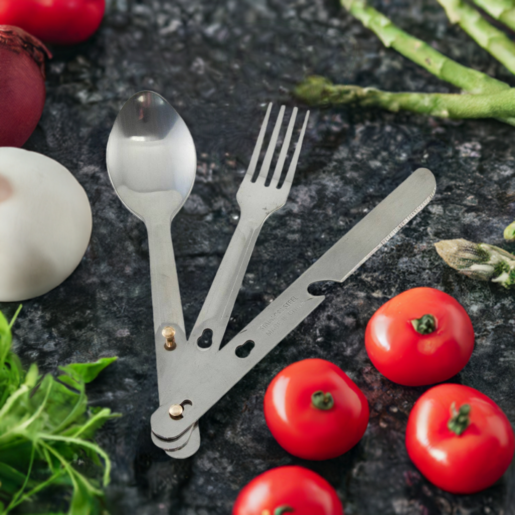 Stainless steel folding utensil set with fork, knife, and spoon for camping, compact and portable food and water cutlery.