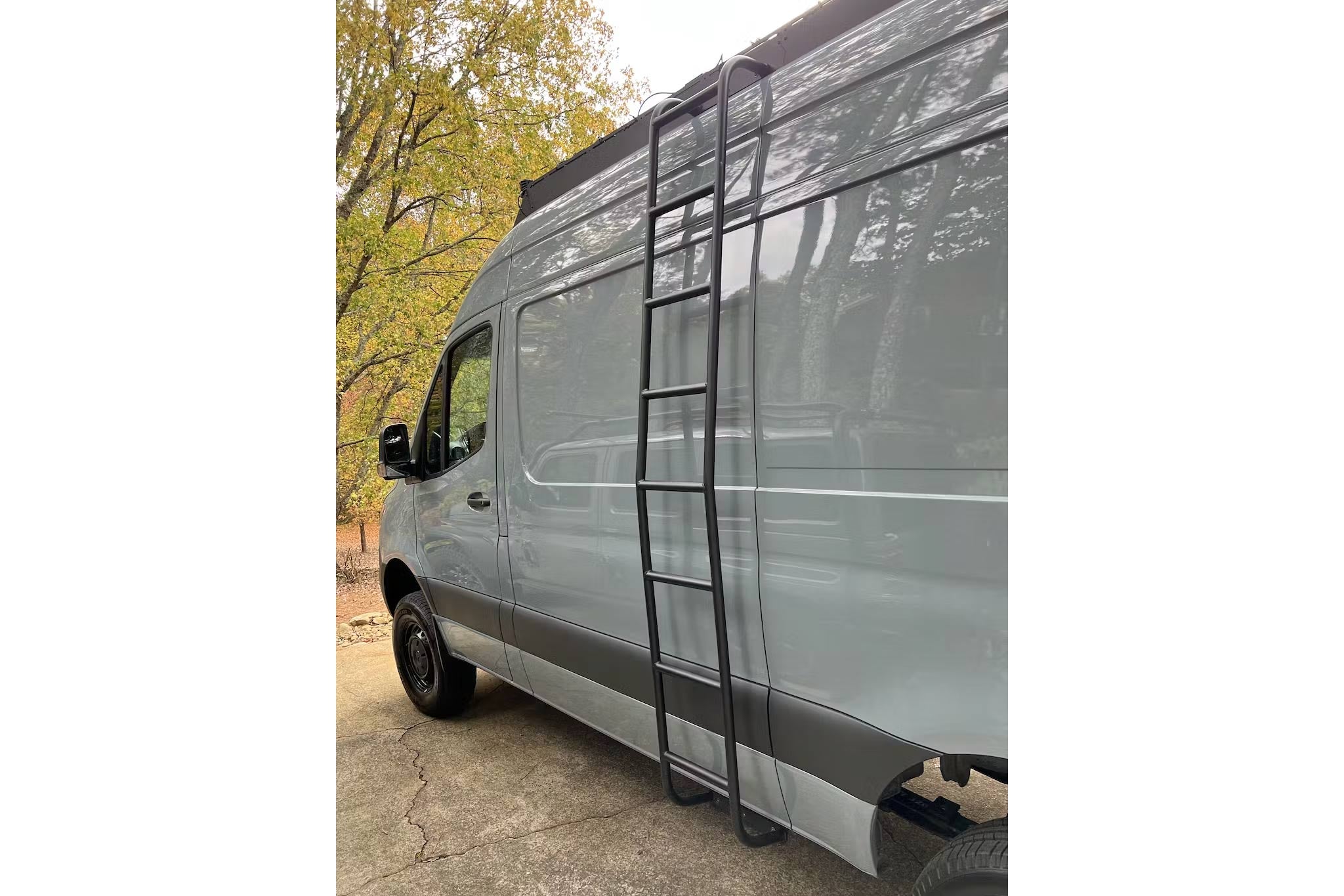 Orion Van Gear Sprinter Side Ladder for 2007+ high roof vans, showing the sturdy aluminum ladder attached to the vehicle side.