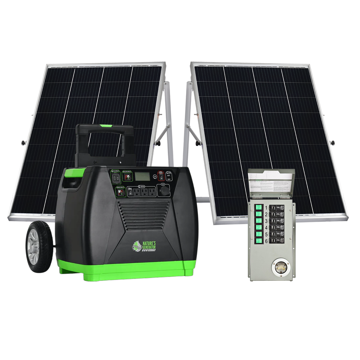 Nature's Generator Elite Gold PE system with solar panel and transfer switch for renewable energy setup.