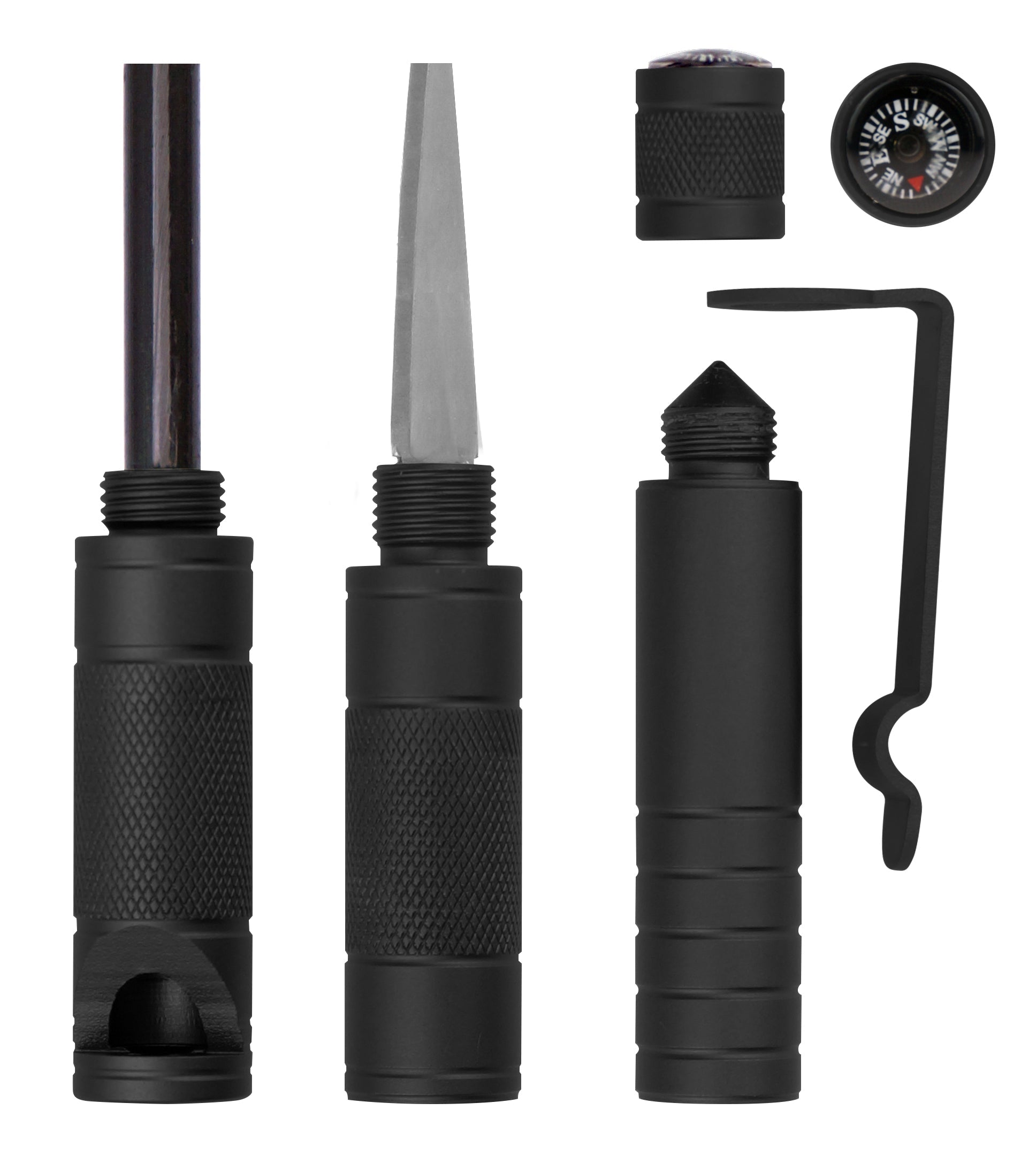 Black 5-in-1 survival tool by QuakeKits, featuring a compact tactical pen with emergency and versatile tool functions.