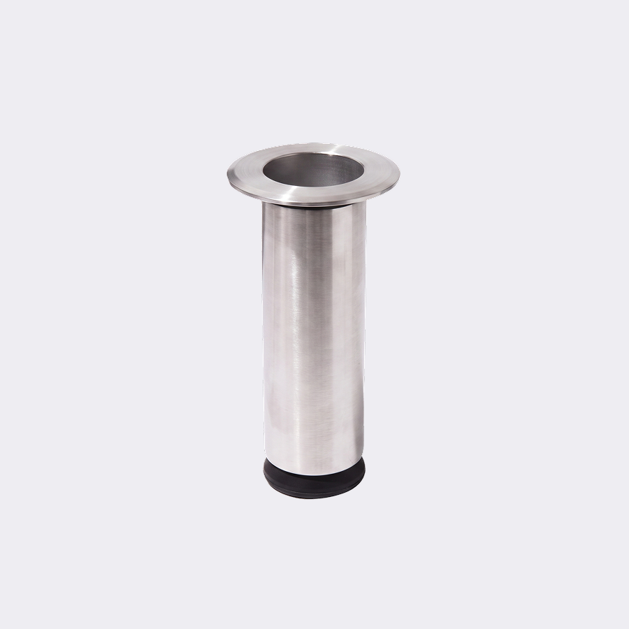 A stainless steel cylindrical pull-out trash can with a circular opening at the top and a black rubber base, shown on a light gray background.