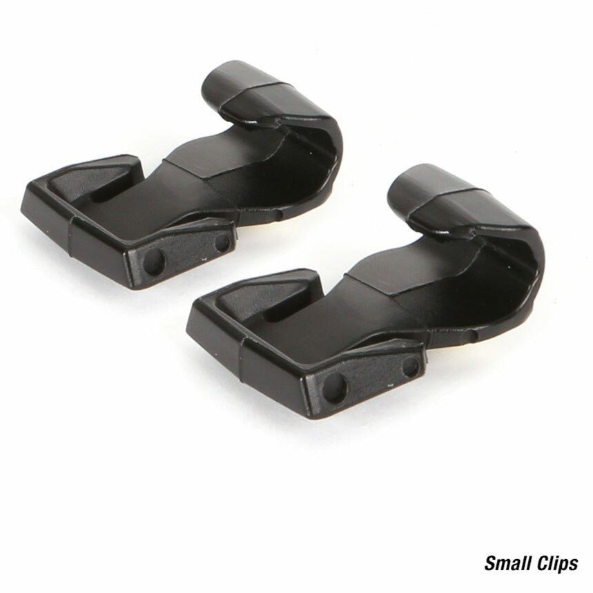 HCC Tactical Step-In visor replacement clip kit with rail clips for helmet visor attachment, shown in a close-up view.
