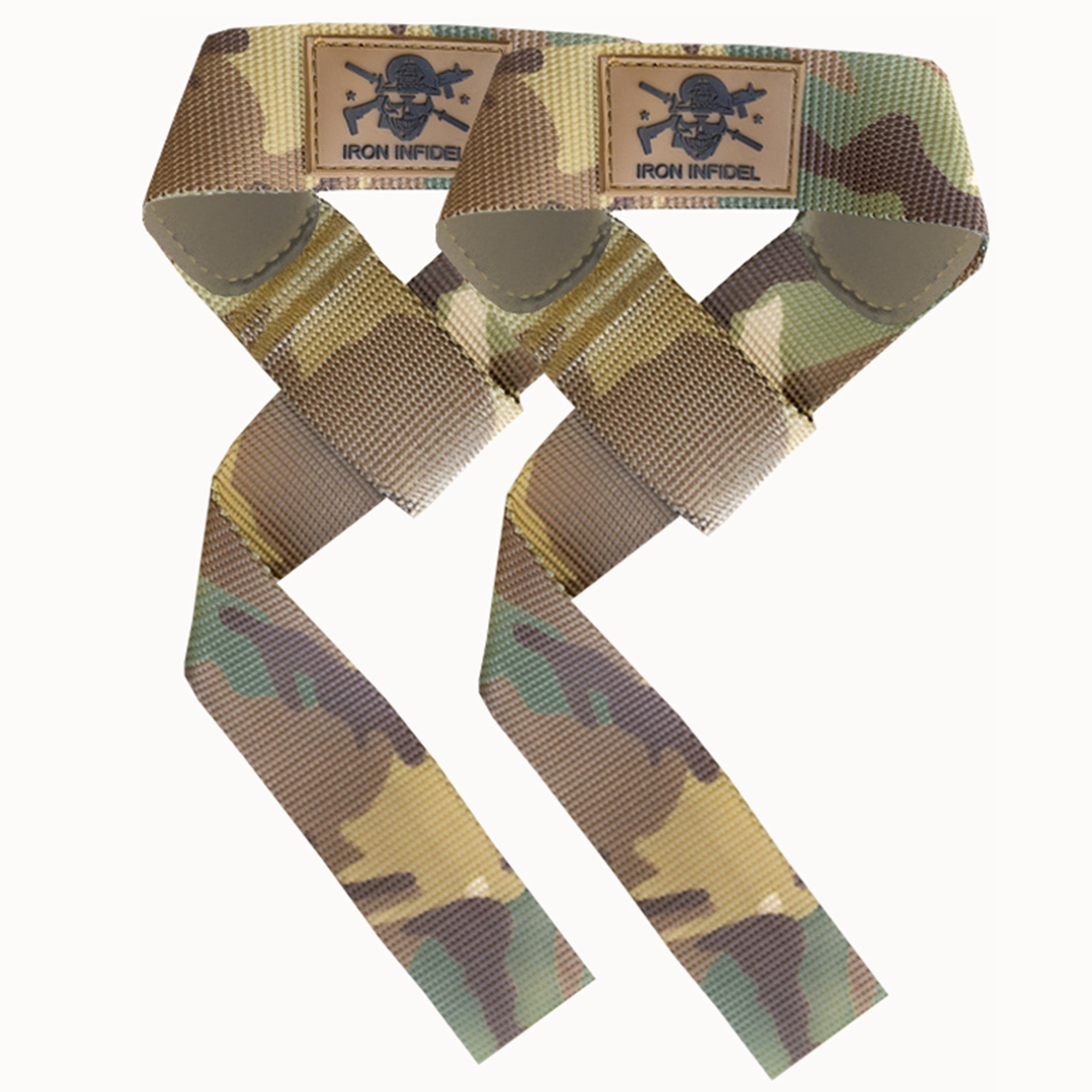 Iron Infidel lifting straps for weightlifting, showing durable cotton straps with reinforced stitching and metal loops for secure grip.