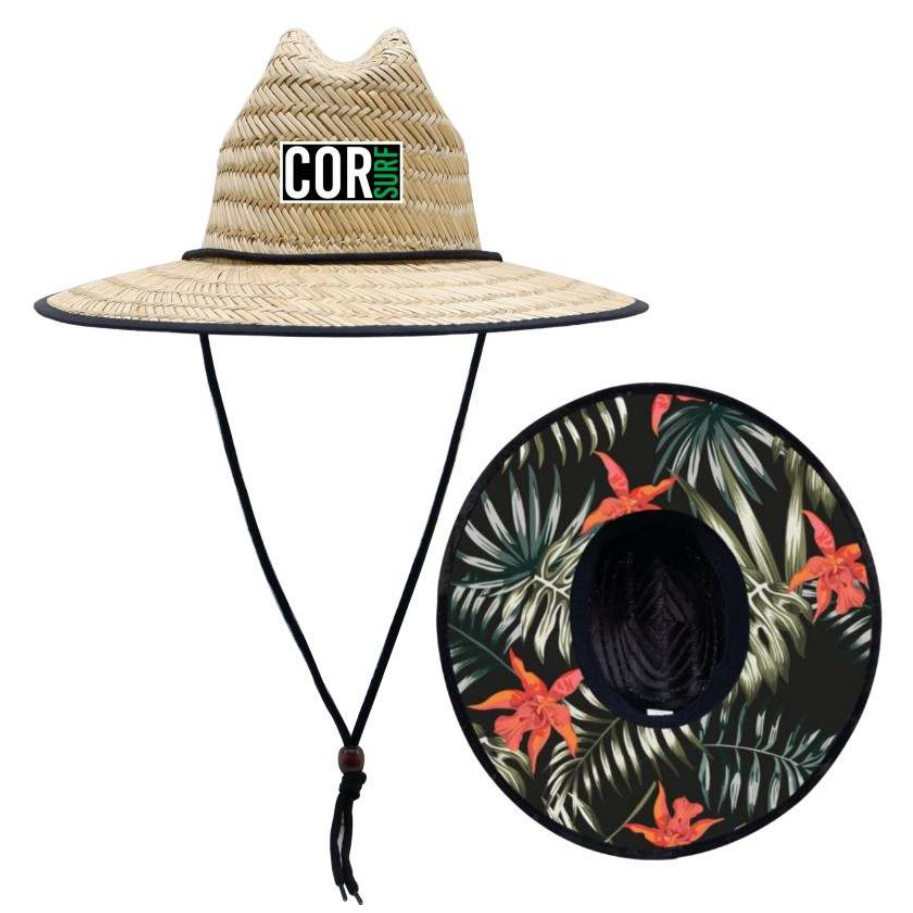 Adult straw lifeguard beach hat by COR Surf with colorful flower decoration, perfect for sun protection at the beach.