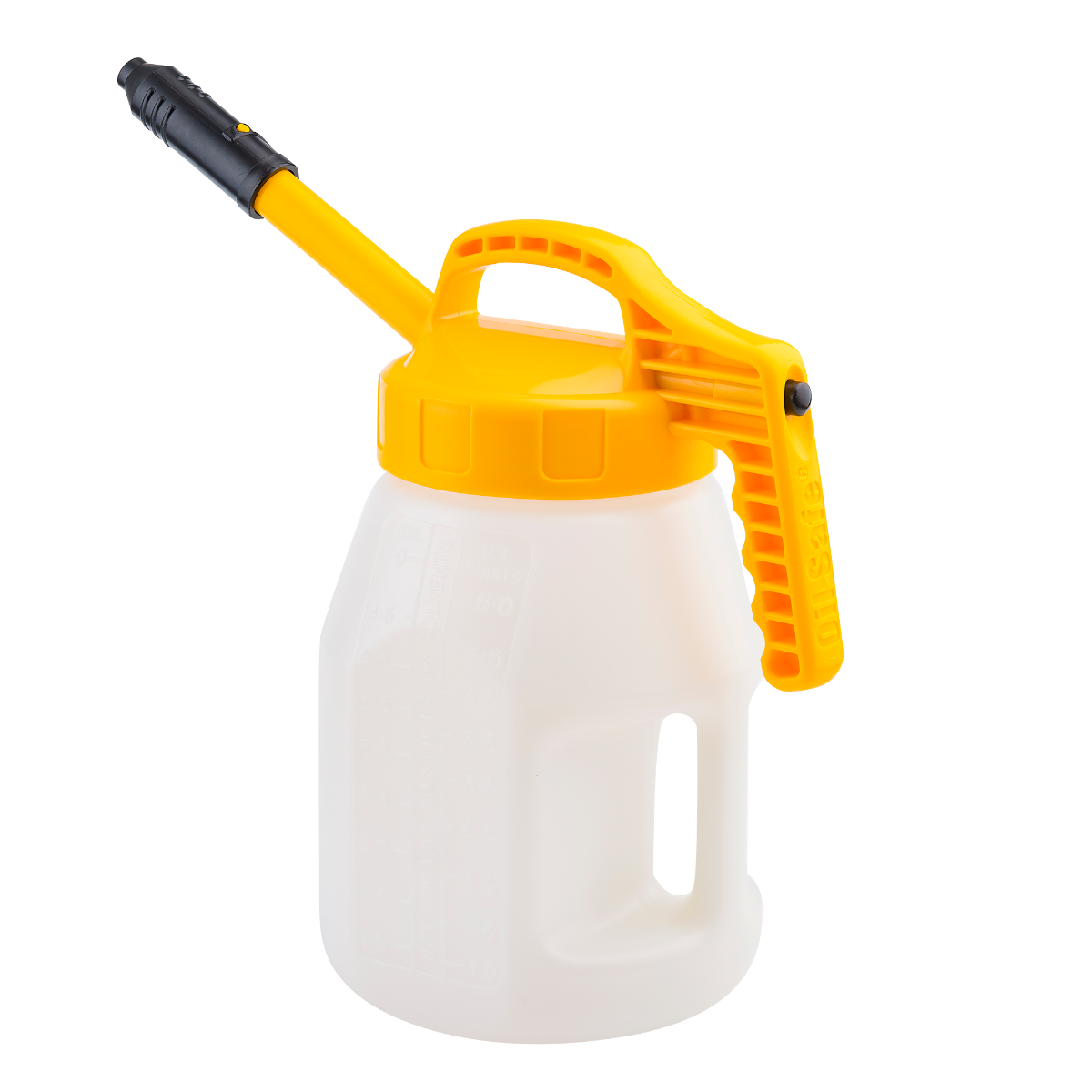 OilSafe Stretch Spout transfer container with controlled-flow oil transfer lid for precise oil handling and pouring.