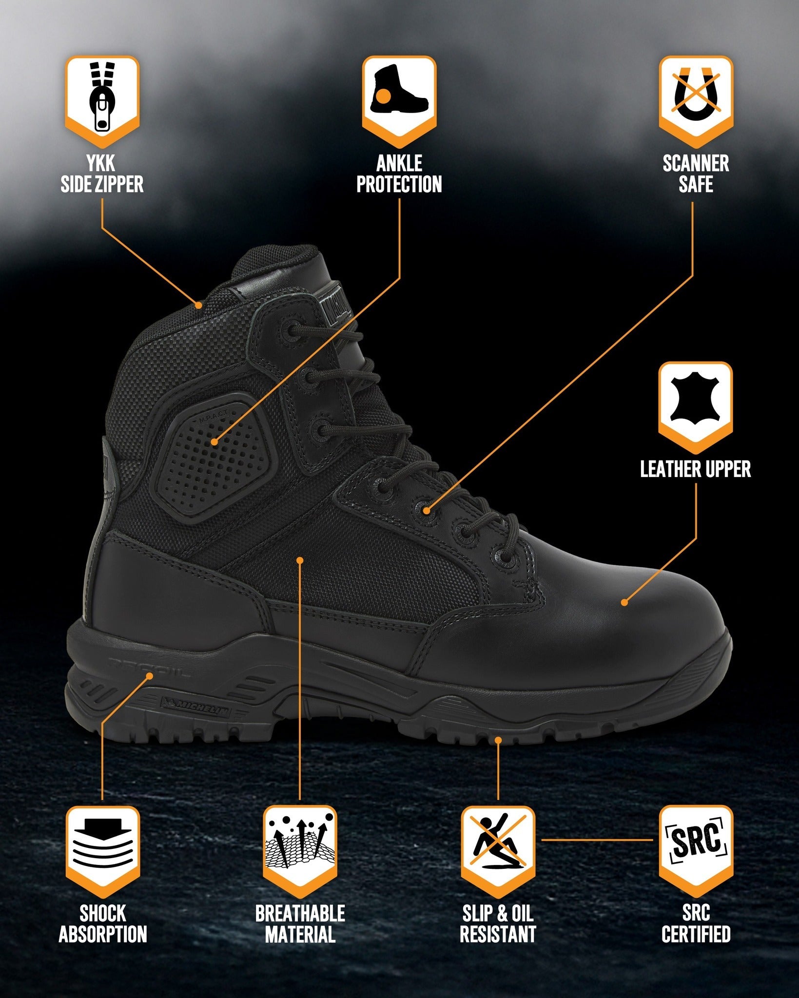 Magnum Boots Strike Force 6-inch tactical boots in size specified, showing durable black leather and rugged outsole.