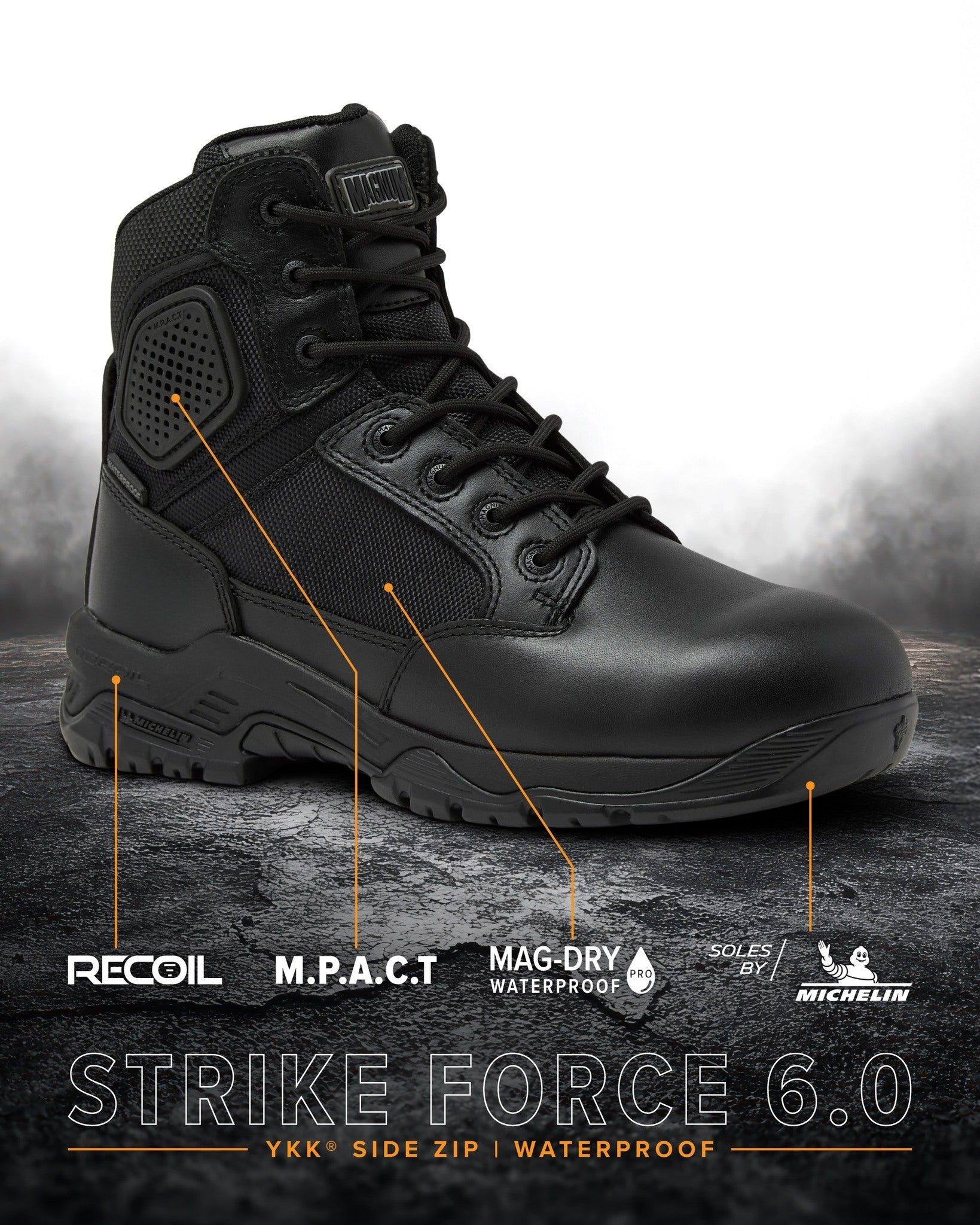 Magnum Boots Strike Force 6-inch waterproof tactical boot with durable leather and breathable mesh for outdoor use.