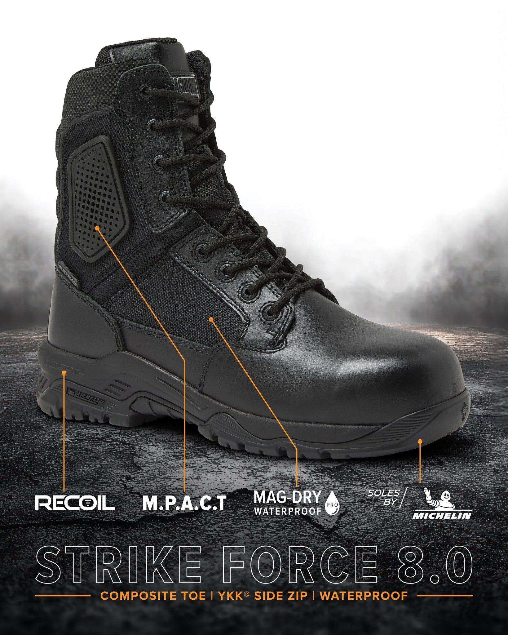 Magnum Boots Strike Force 8-inch waterproof tactical boot with black leather and nylon upper, rugged outsole, and supportive design.
