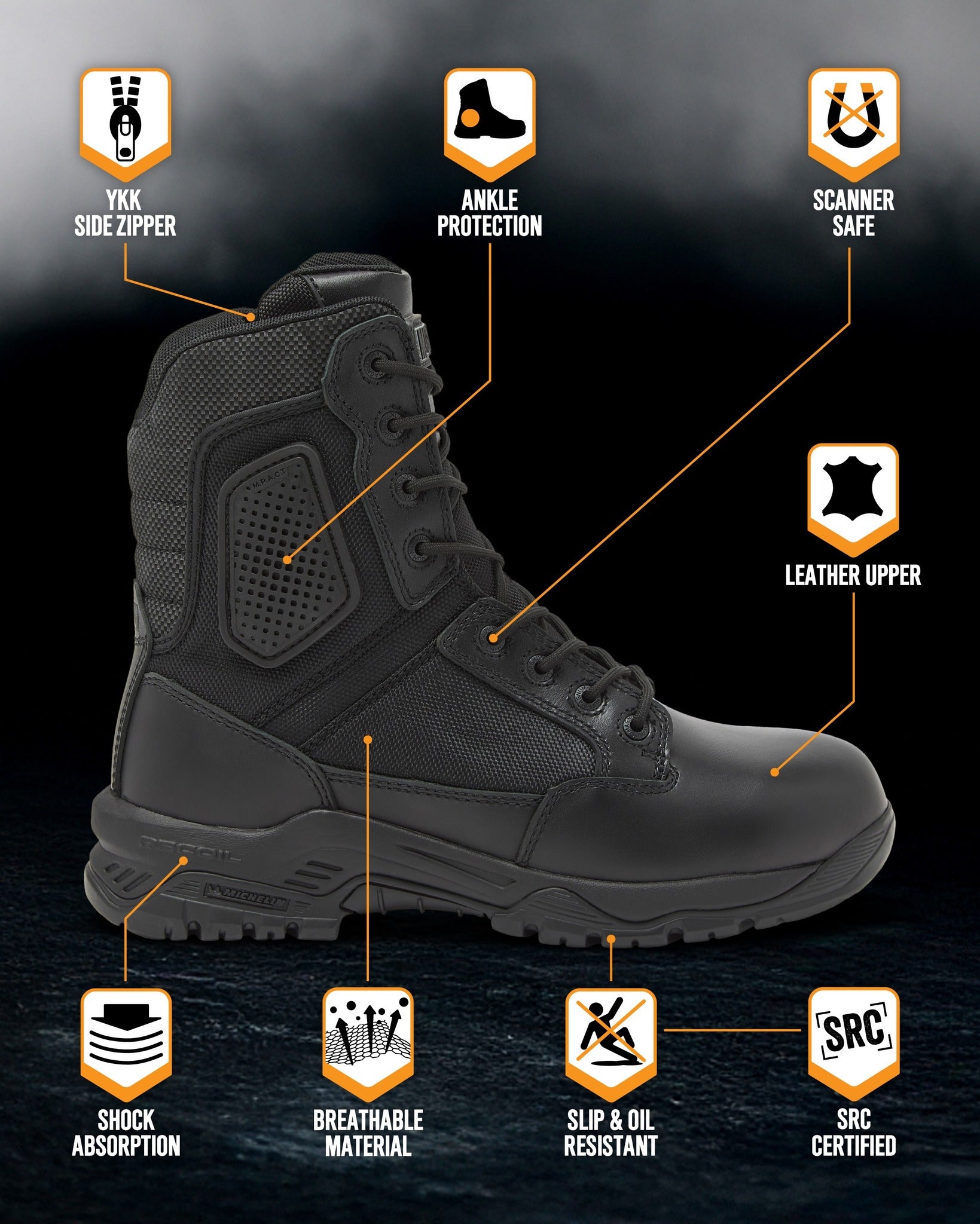 Magnum Boots Strike Force 8-inch tactical boot with rugged design and durable materials, shown in a side view.