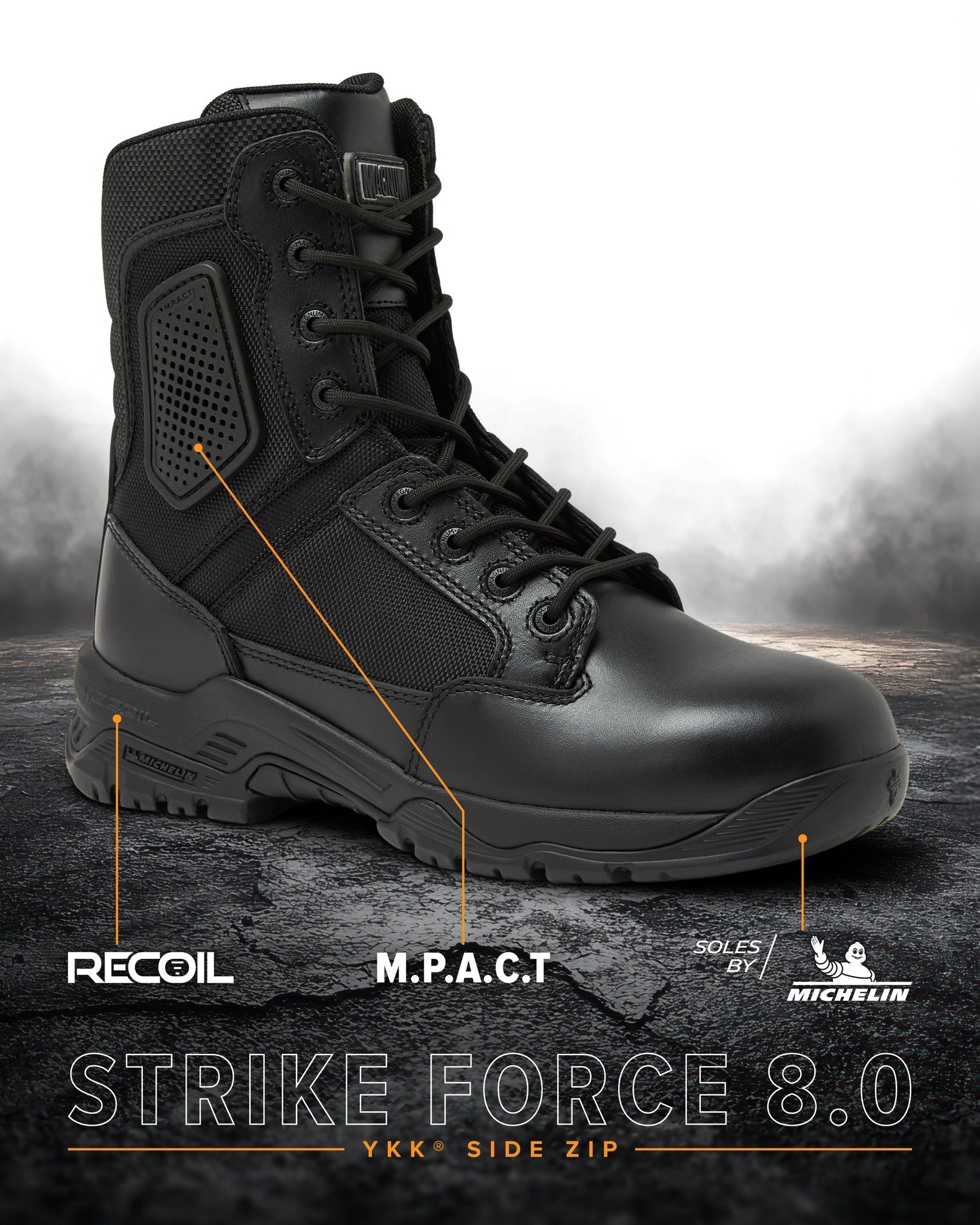 Magnum Boots Strike Force 8-inch tactical combat boots with reinforced soles and sturdy design for durability and support.