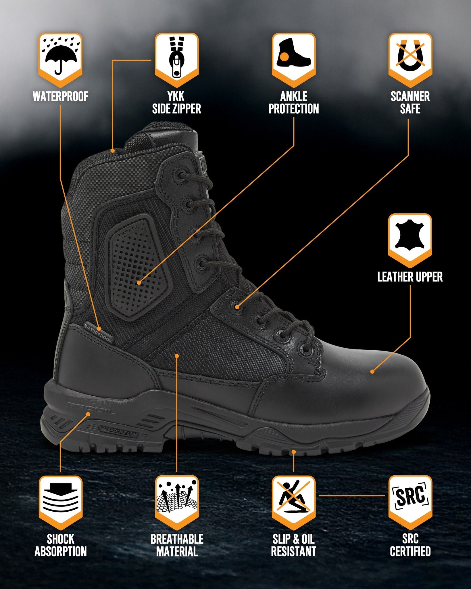 Magnum Boots Strike Force 8-inch waterproof tactical boots with reinforced toe and rugged sole, ideal for outdoor and work environments.