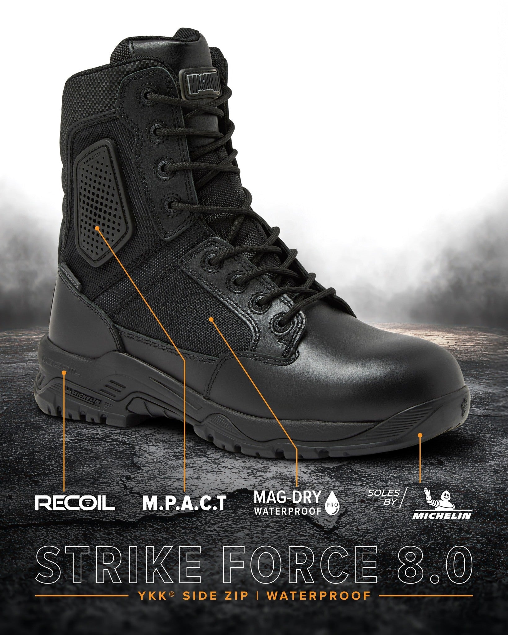 Magnum Boots Strike Force 8-inch waterproof tactical boot with rugged design and supportive sole, suitable for outdoor activities.