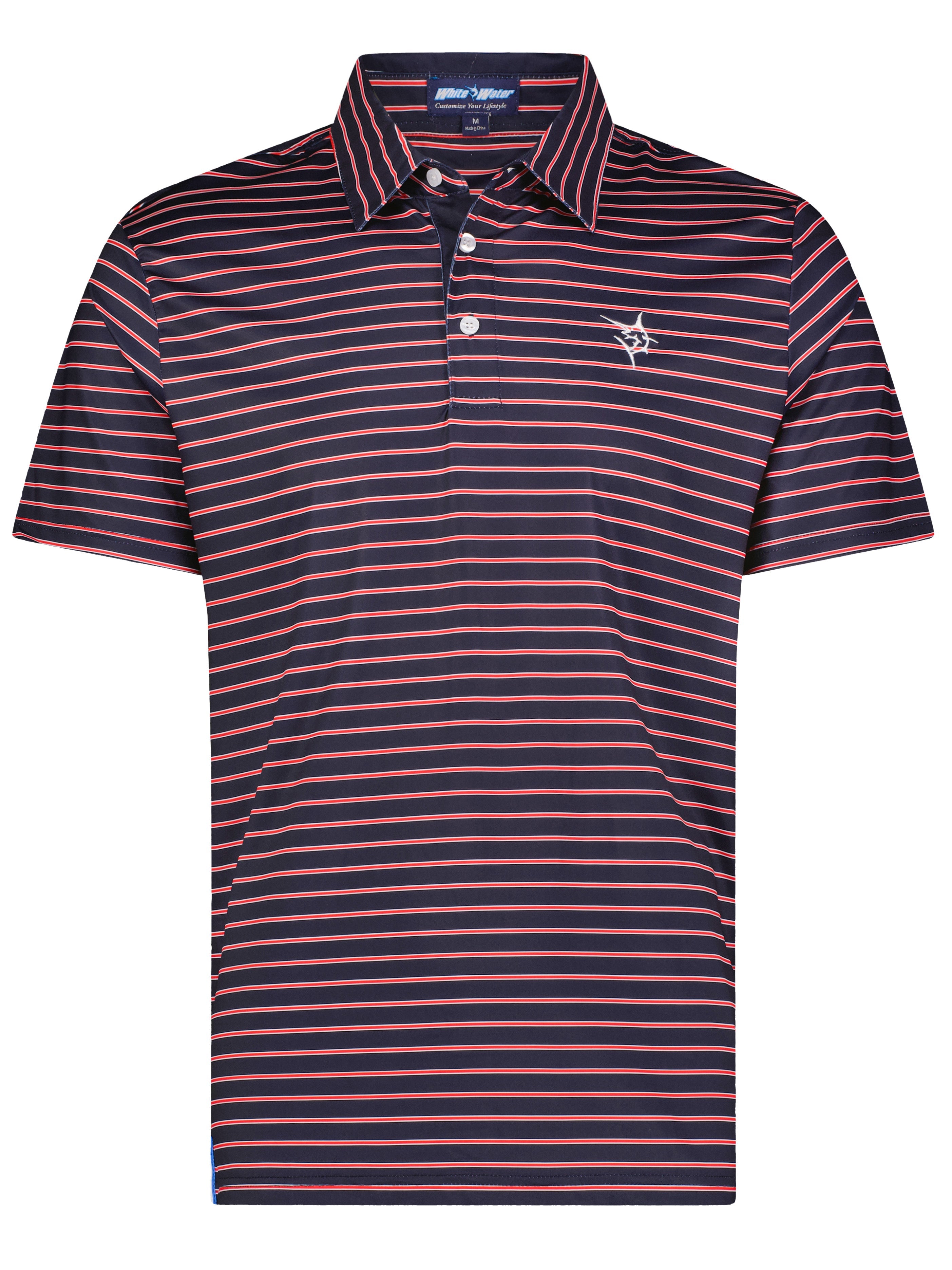 White Water Life Striper Polo in navy and red, featuring a classic polo shirt design with contrasting collar and logo detail