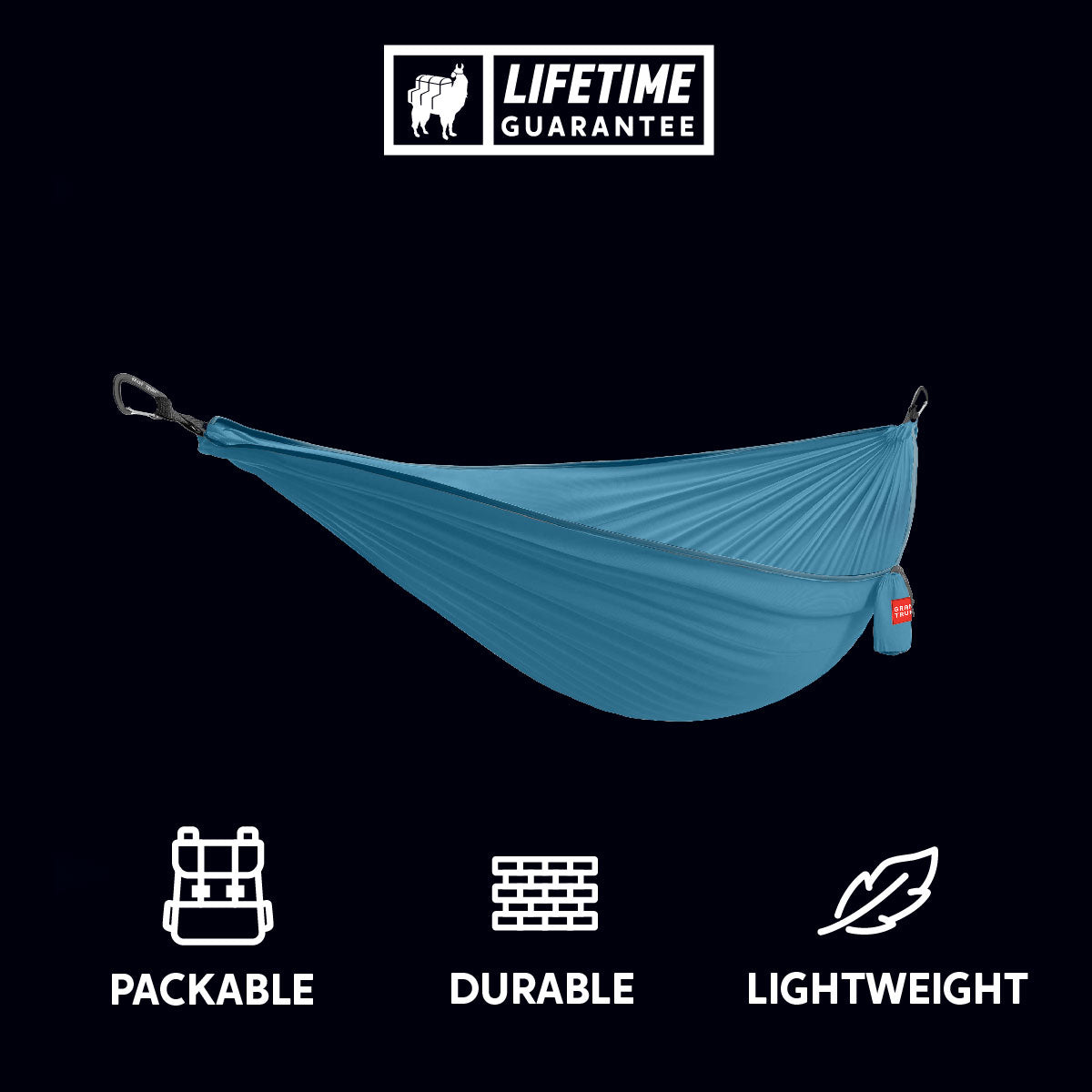 GrandTrunk ultralight starter hammock in blue, showcasing its lightweight design and compactness for outdoor relaxation.