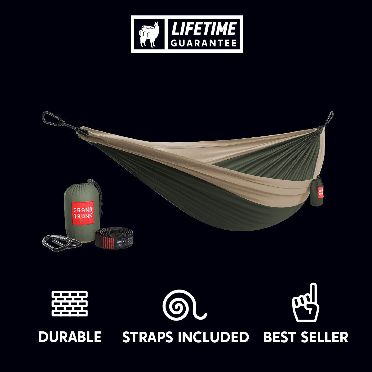 GrandTrunk Double Deluxe Hammock with straps, showing soft fabric and sturdy construction for outdoor relaxing.