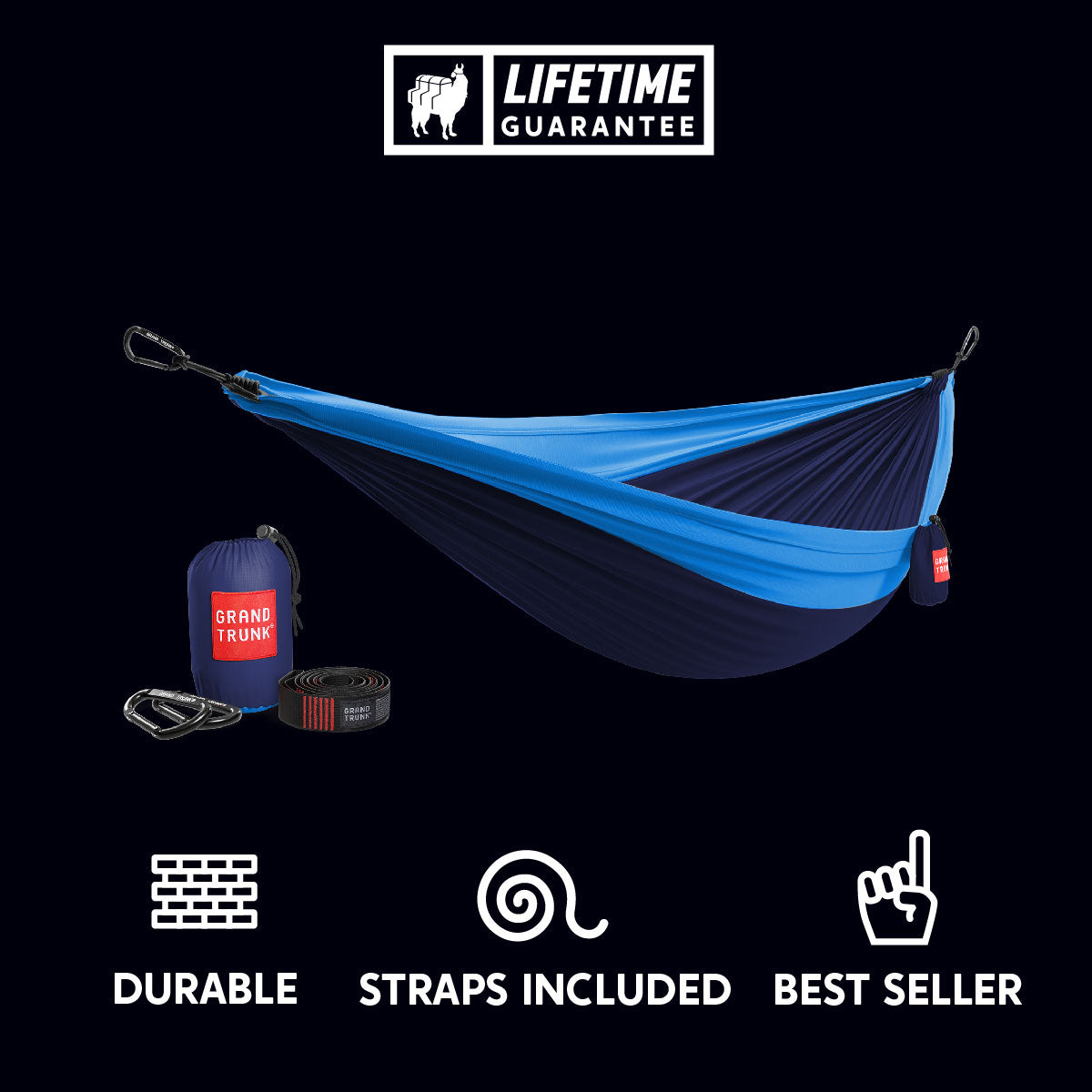 GrandTrunk Double Deluxe Hammock with straps, showing a comfortable, spacious fabric hammock set up for outdoor relaxing.