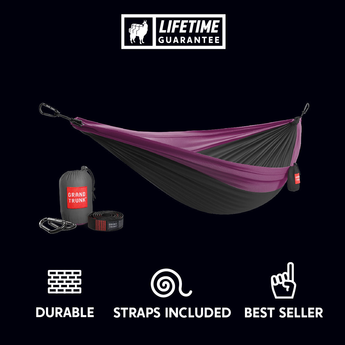 GrandTrunk Double Deluxe Hammock with straps, shown in a studio setting, highlighting its spacious, comfortable design for outdoor relaxation.