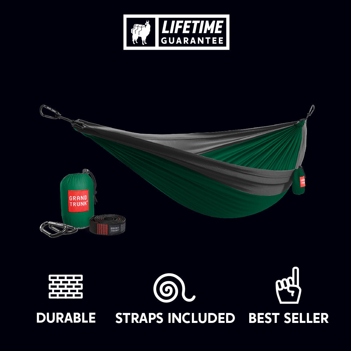 GrandTrunk Double Deluxe Hammock with straps, showcasing a comfortable, spacious outdoor hammock suitable for relaxing.