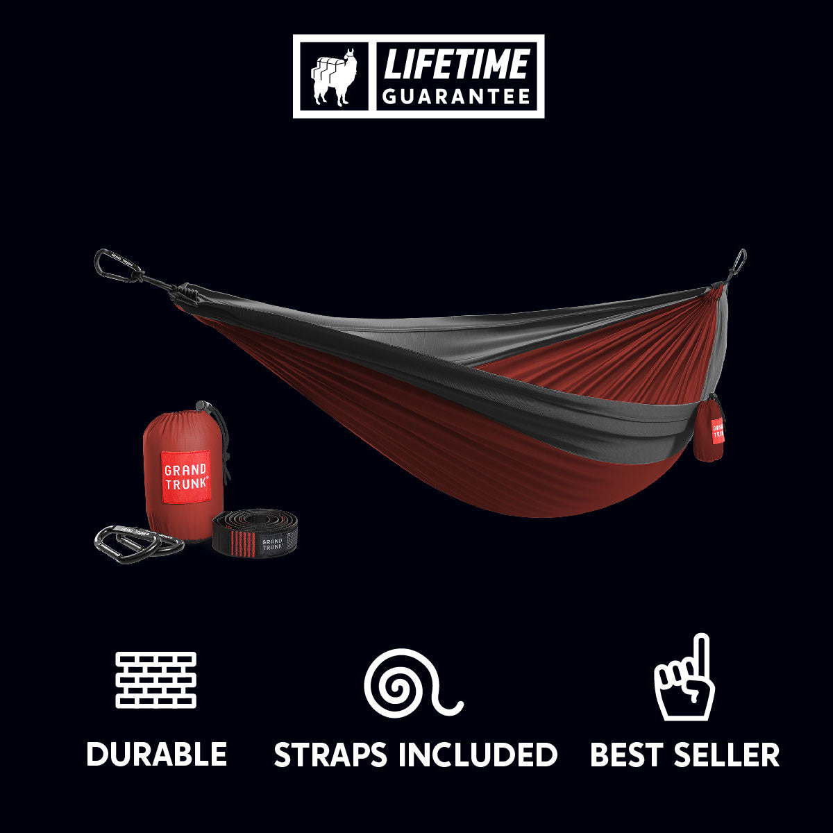 GrandTrunk Double Deluxe Hammock with straps, showing durable fabric and hanging setup in a cozy outdoor setting.