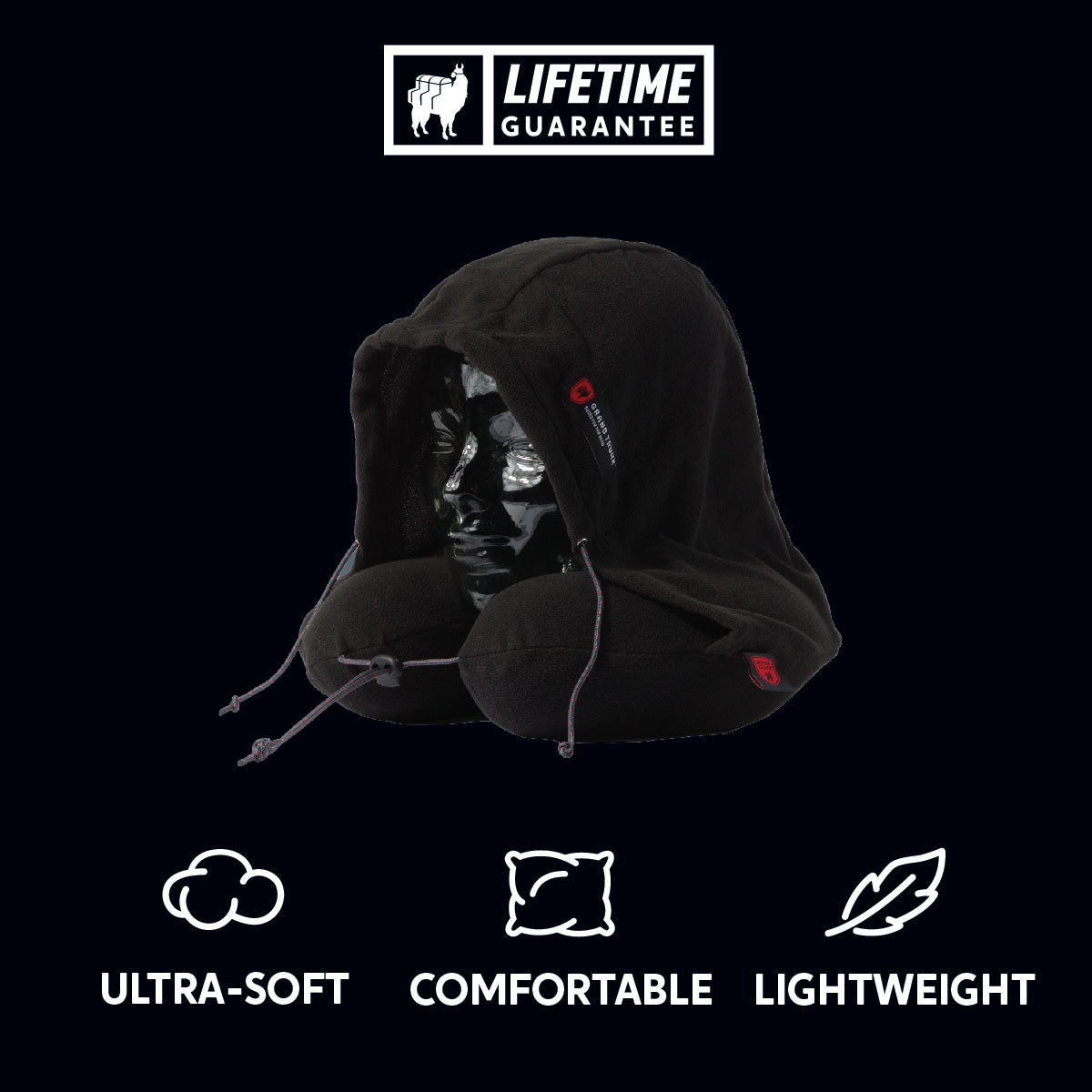 GrandTrunk black hooded travel neck pillow with soft fabric and ergonomic design for comfort during travel.