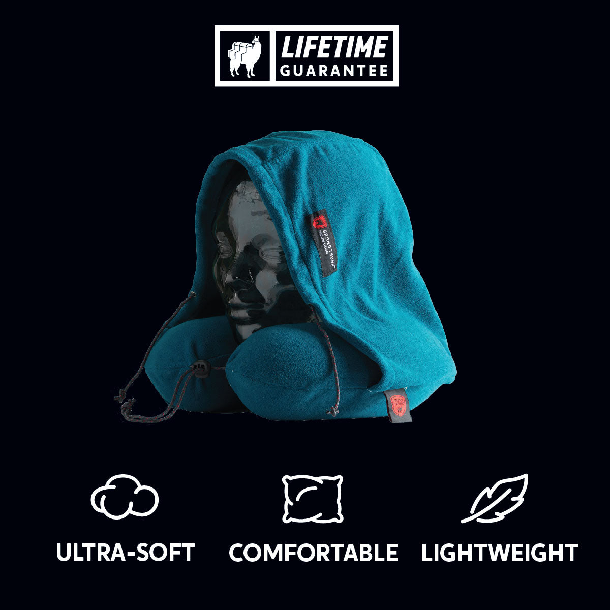 GrandTrunk hooded travel neck pillow in a cozy design, perfect for comfortable support during journeys.