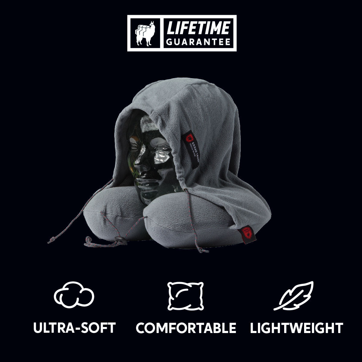 GrandTrunk hooded travel neck pillow in grey, designed for comfort and support during travel.