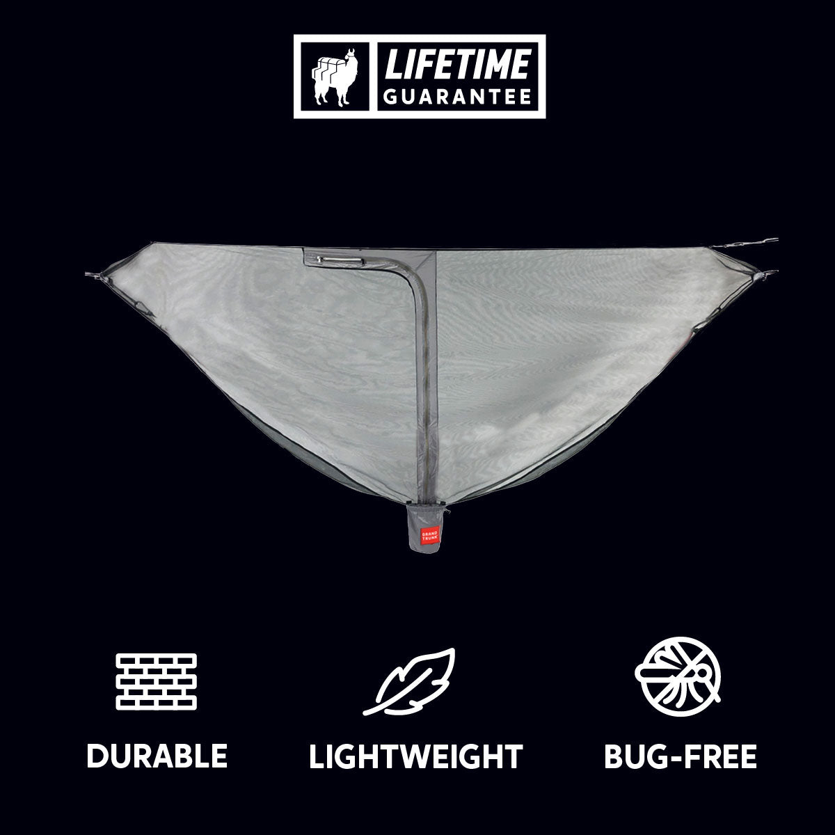 GrandTrunk MOZZY LITE Hammock Bug Net in a studio setting, showcasing its mesh design for insect protection.