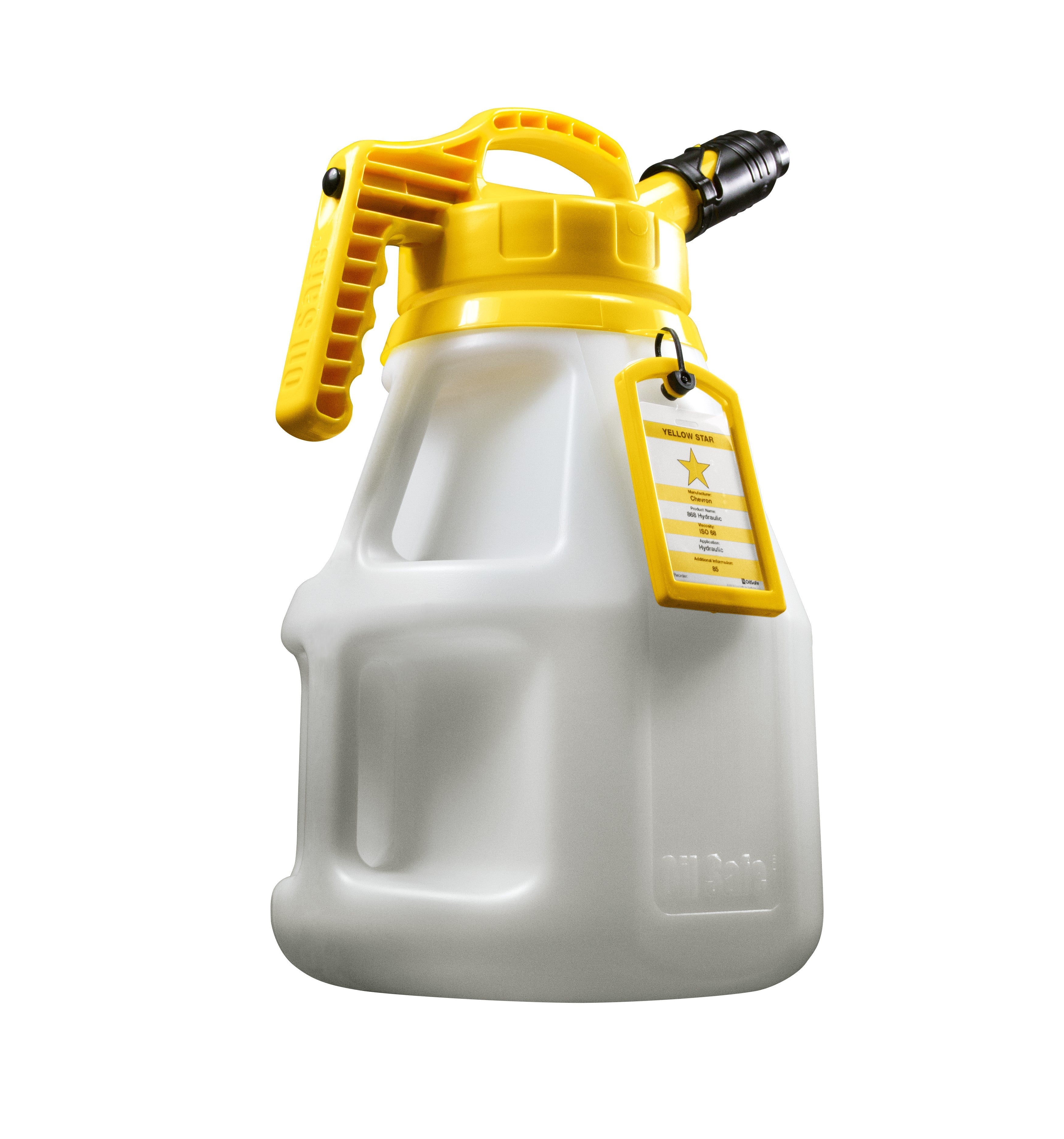 OilSafe Mini Stretch Spout lid for fluid transfer, featuring a small, low-flow spout, ideal for controlled oil pouring in racing applications.