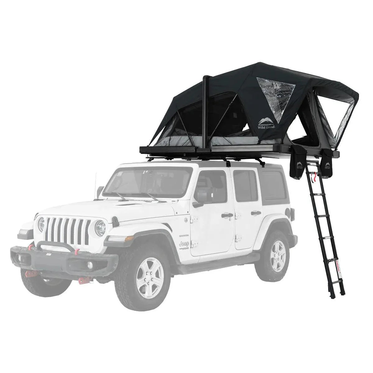 Wild Land OrthFrame Max roof top tent set up on a vehicle, showcasing durable overlanding gear for outdoor camping adventures.