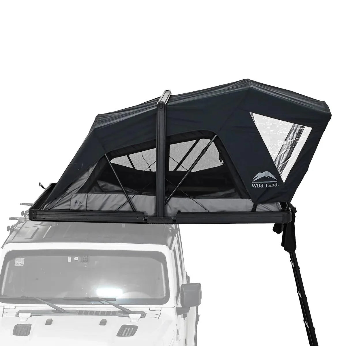 Wild Land OrthFrame Max roof top tent set up on a vehicle, showcasing its sturdy structure and spacious design for overlanding adventures.
