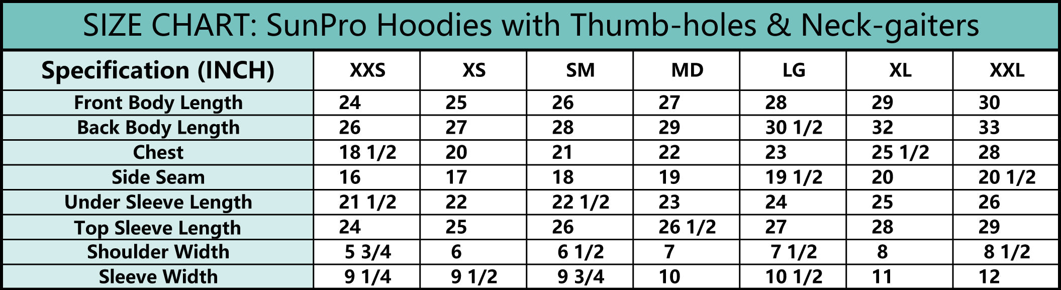 Sunpro hoodie with bass graphic design from Cognito Brands, Inc., featuring a size chart for fishing apparel.