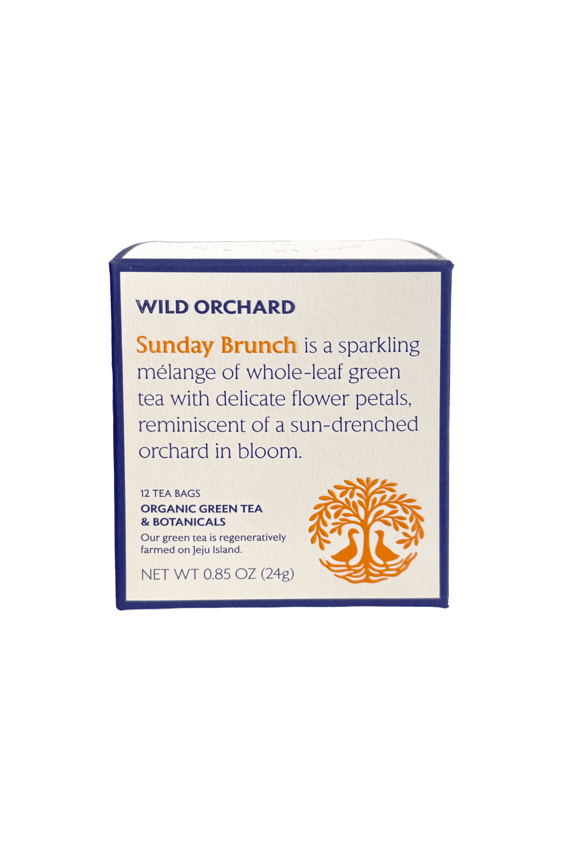 Organic Green Tea Bag from Wild Orchard's Sunday Brunch collection, featuring green tea leaves in a clear tea bag.