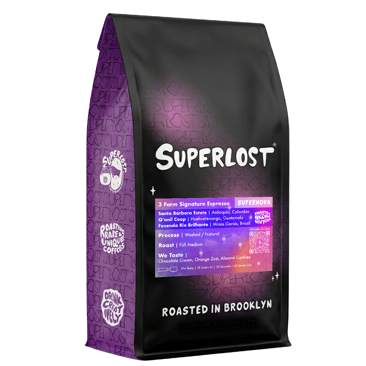 Superlost Coffee Supernova Espresso Latin American blend medium-dark roast in a coffee bag, ready for brewing.