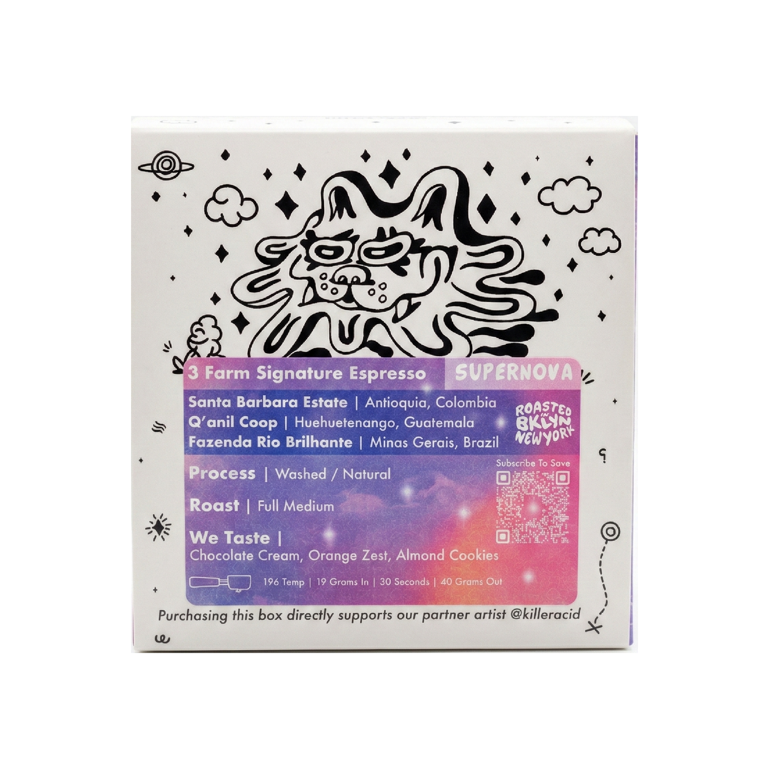 Back of Supernova Espresso coffee box by Superlost Coffee, showcasing branding and product packaging details.