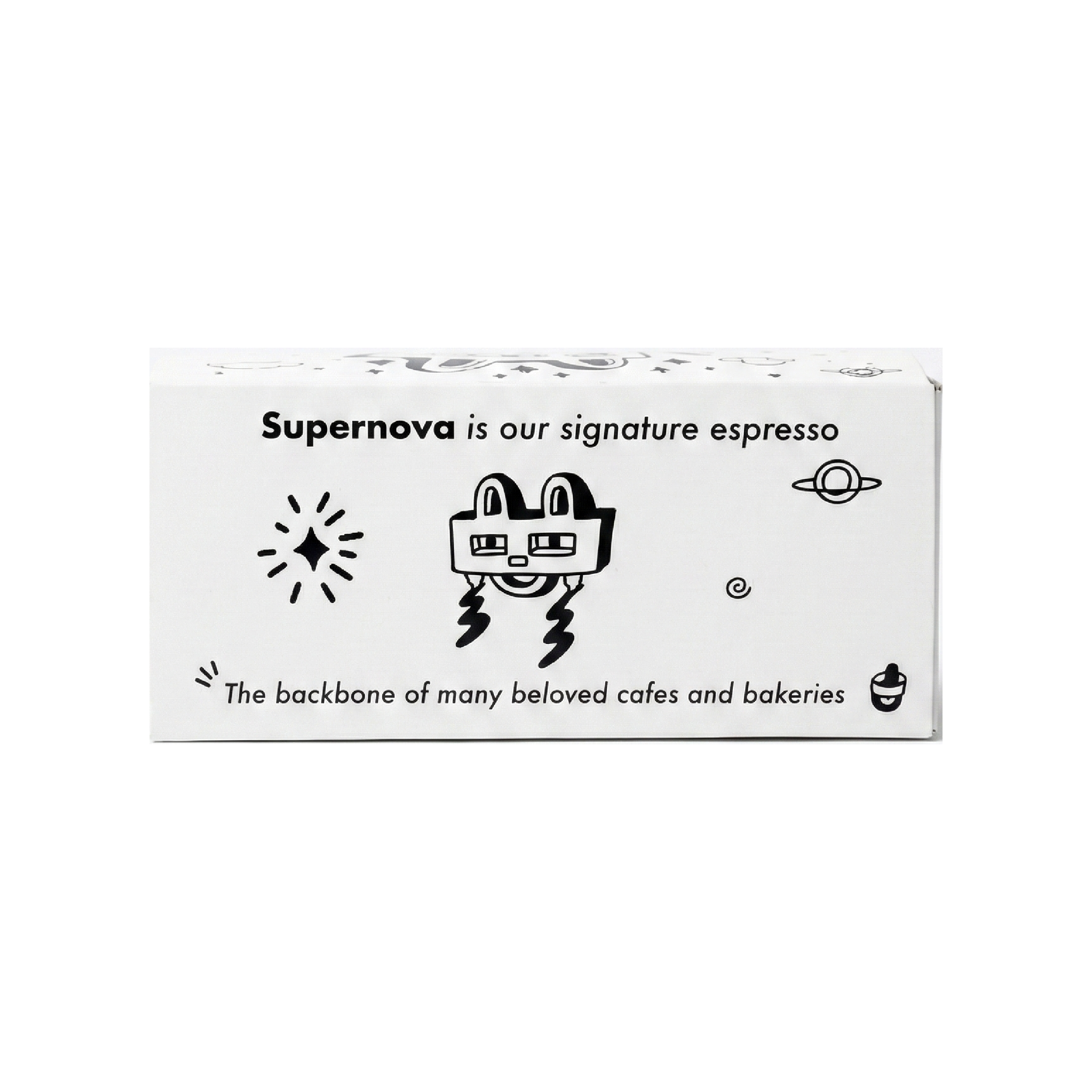Superlost Coffee Supernova Espresso coffee box top with branding and product packaging design.