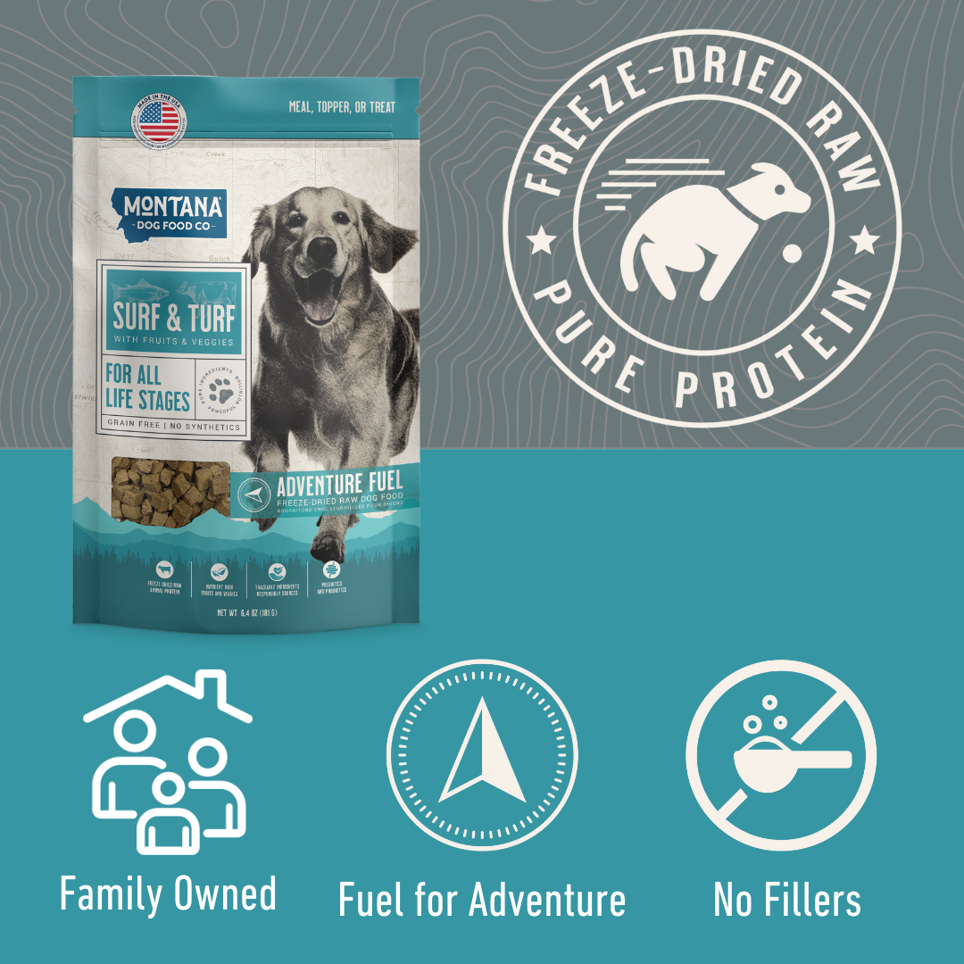 Grain-free Surf & Turf freeze-dried raw dog food from Montana Dog Food Co featuring beef and seafood ingredients.
