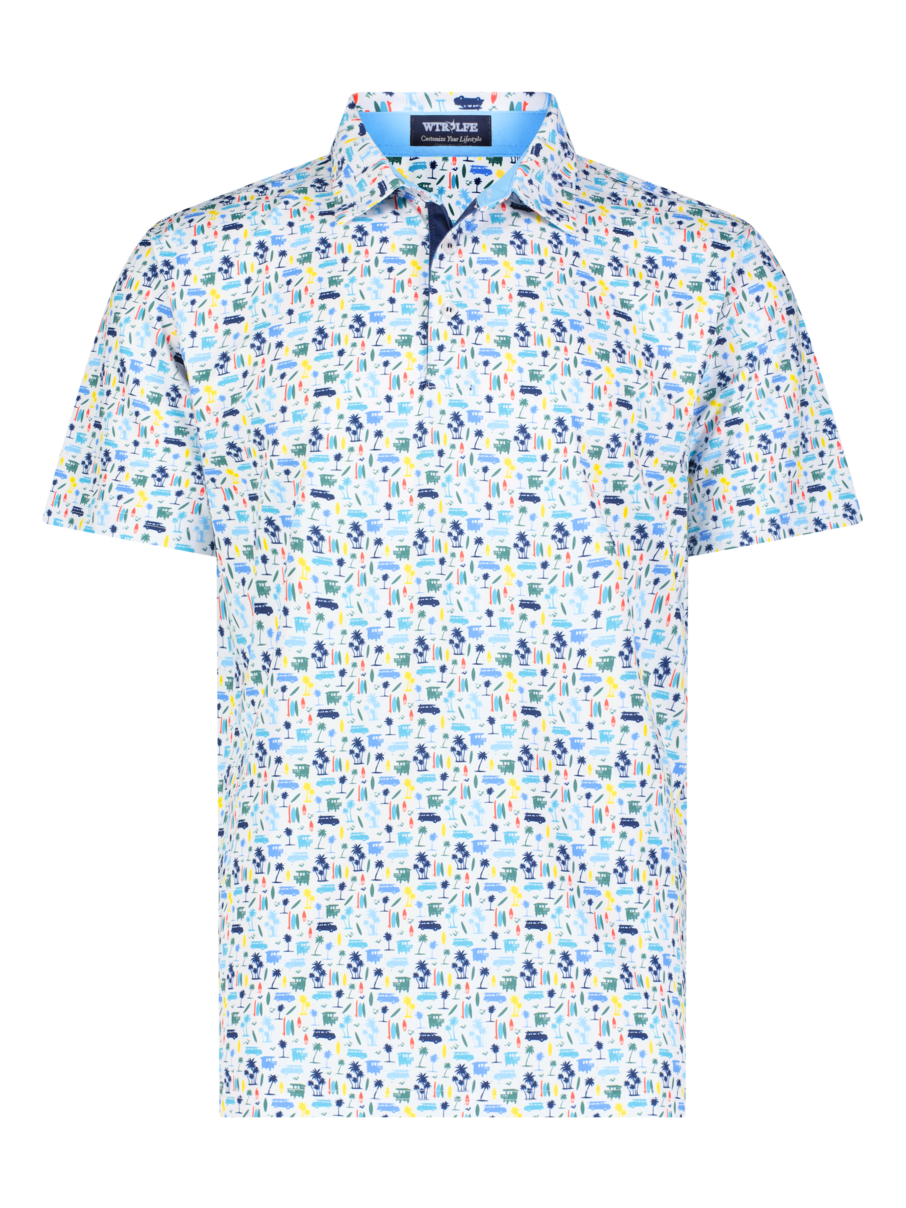 White Water Life Surfs Up Polo shirt featuring a casual surf-themed design, made from comfortable cotton fabric.