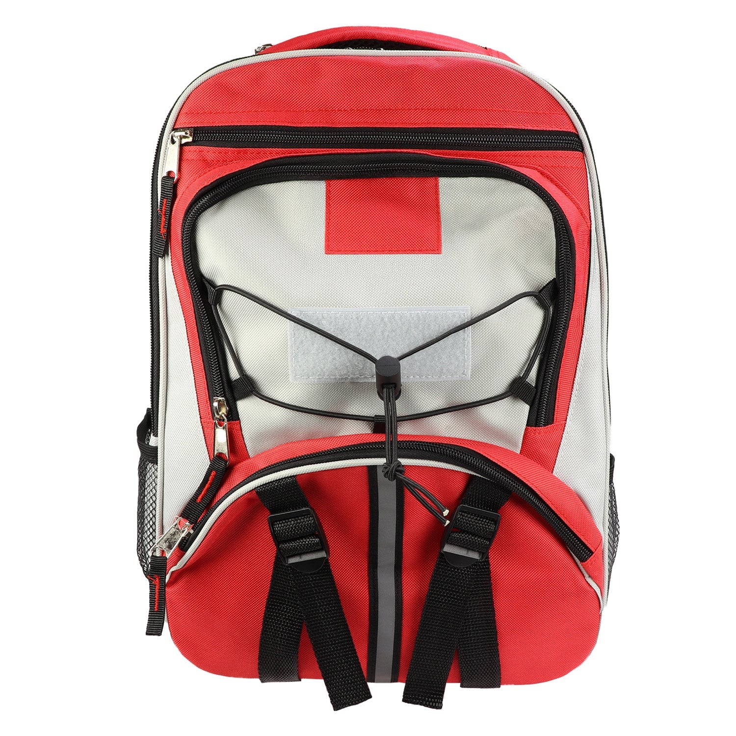 Red Elite Multi-pocket Hikers Backpack by Quakekits, featuring multiple compartments and rugged outdoor design.