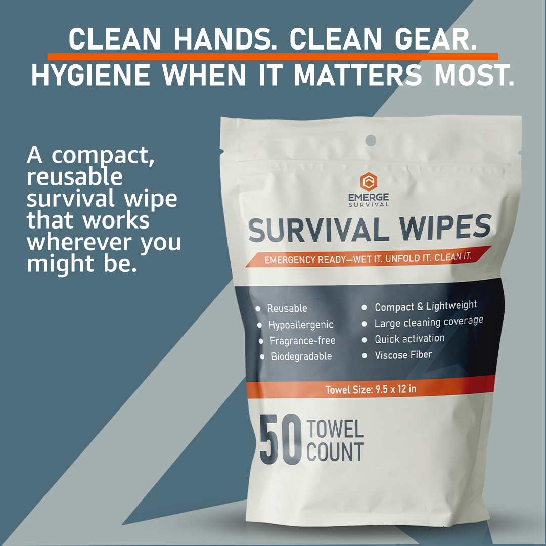 Emerge Survival Wipes 50-count pack showing portable pack of biodegradable wipes for outdoor or emergency use