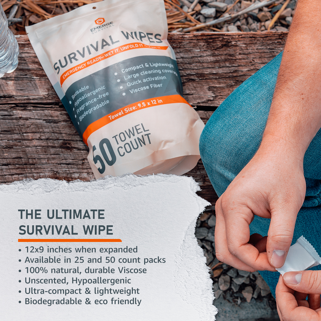 Emerge Survival Wipes 50-count pack of portable, eco-friendly cleaning wipes for outdoor and emergency use.