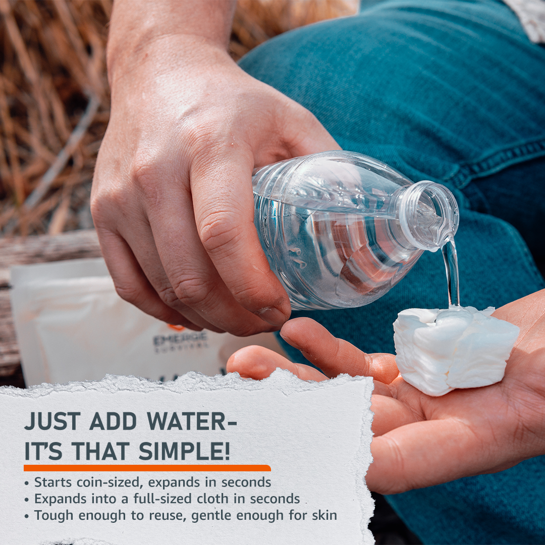 Emerge Survival Wipes, 50-count pack of biodegradable survival wipes designed for outdoor and emergency use.