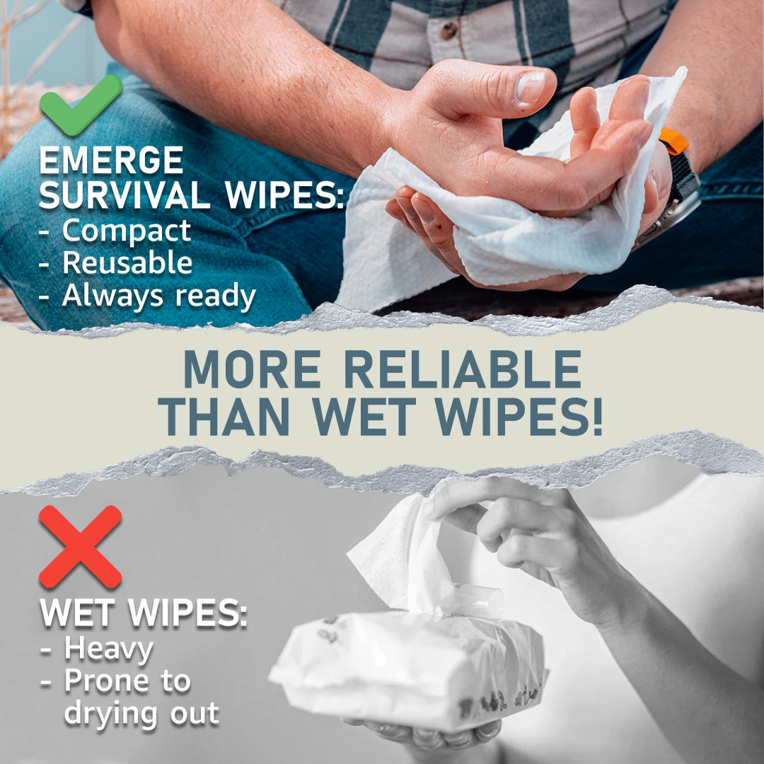 Emerge Survival Wipes 50-count pack, portable personal hygiene wipes with refreshing scent for outdoor or emergency use
