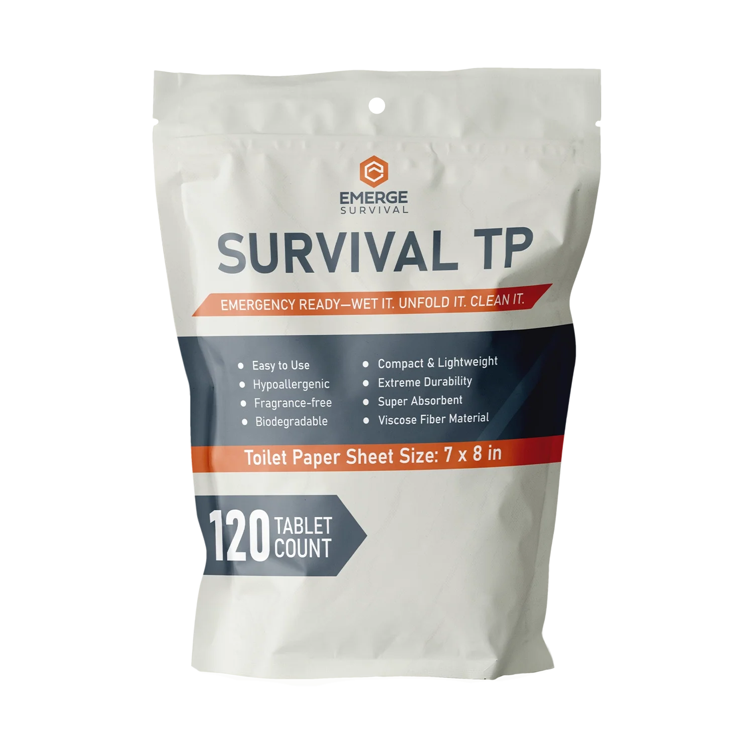 Emerge Survival Toilet Paper rolls, durable and soft emergency toilet paper for survival situations, shown in a pack.