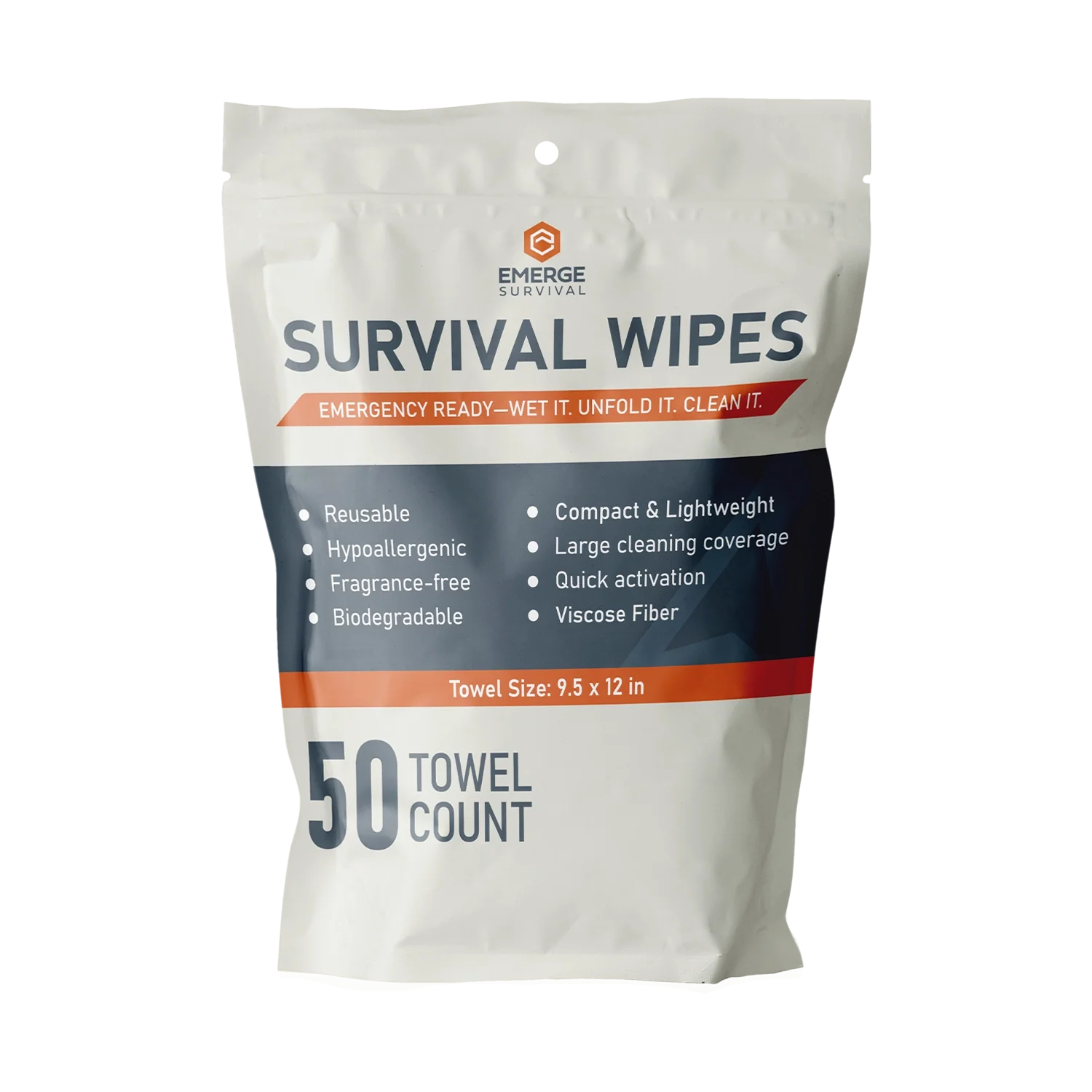 Emerge Survival Wipes 50-count pack of portable, moisture-rich survival wipes for outdoor and emergency use.