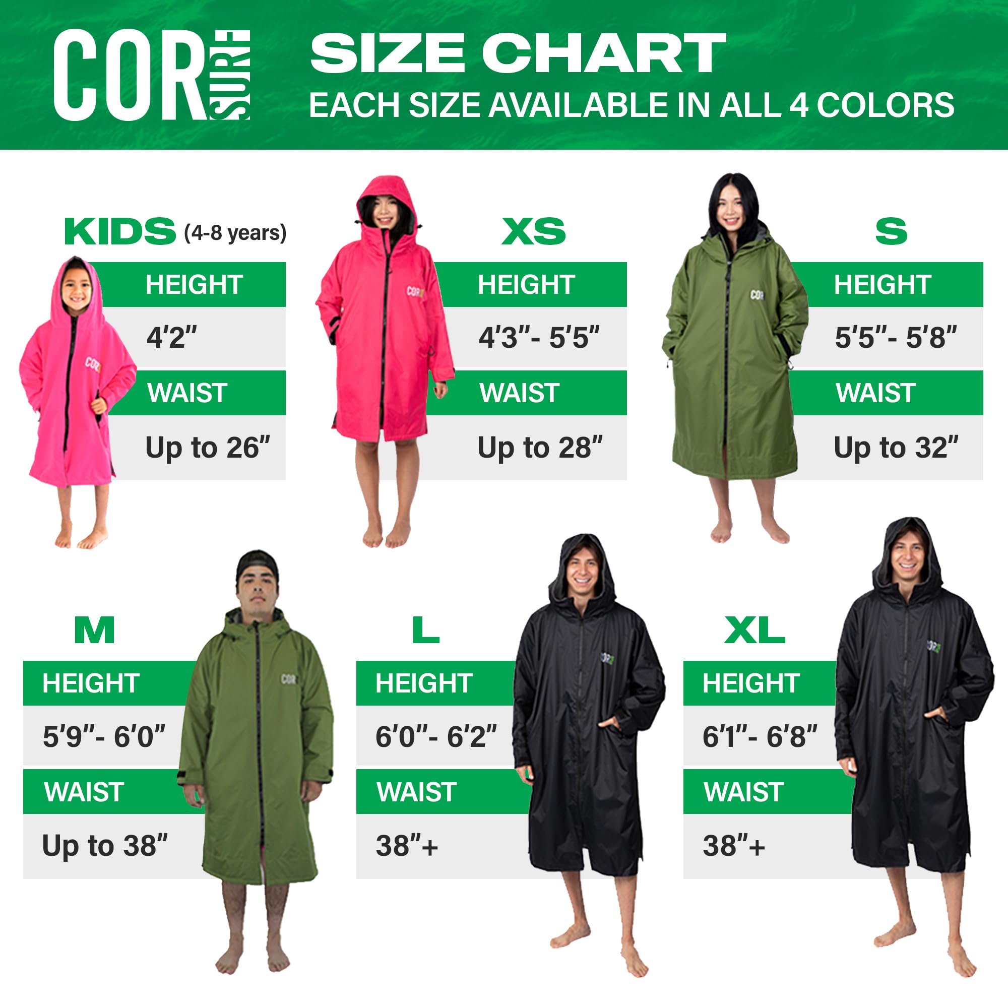 Black waterproof swim parka by COR Surf in size chart image, showing XS to XL options and waterproof apparel details.