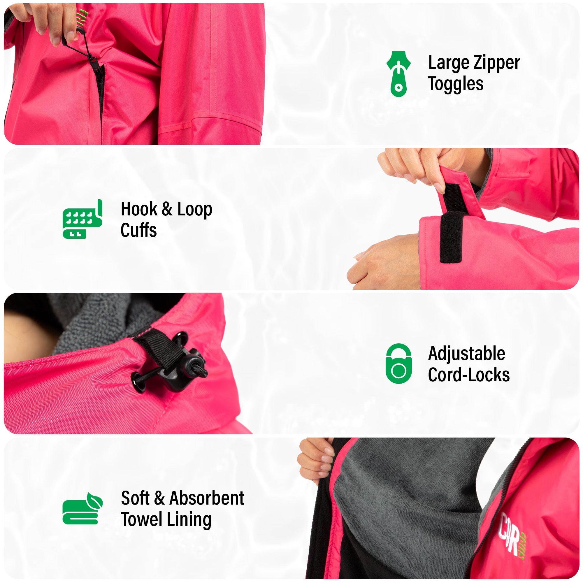 Infographic of COR Surf waterproof navy blue swim parka showing zippers, adjustable cuffs, towel lining, and waterproof features.