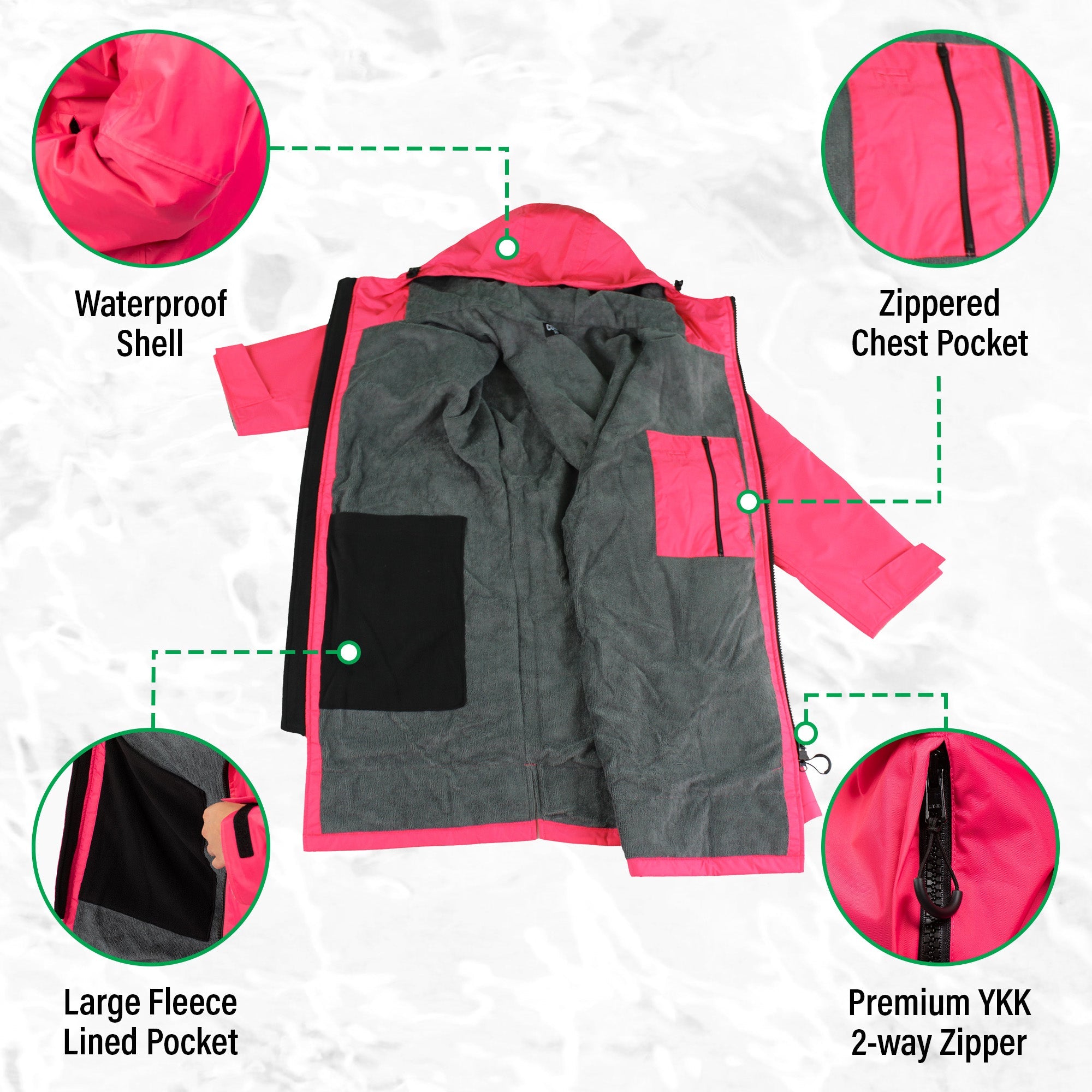 COR Surf waterproof pink swim parka with hood, lightweight and designed for protection against rain and splashes during water activities.