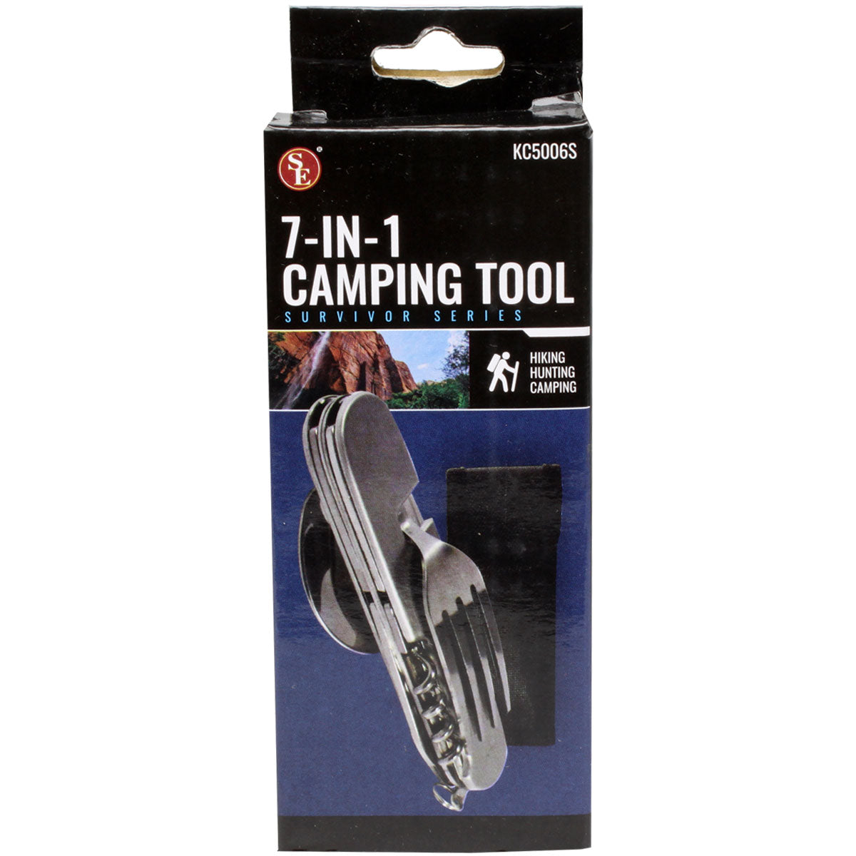Multi-tool with knife, fork, spoon, can and bottle opener, compact utility tool from quakekits.com with stainless steel design.