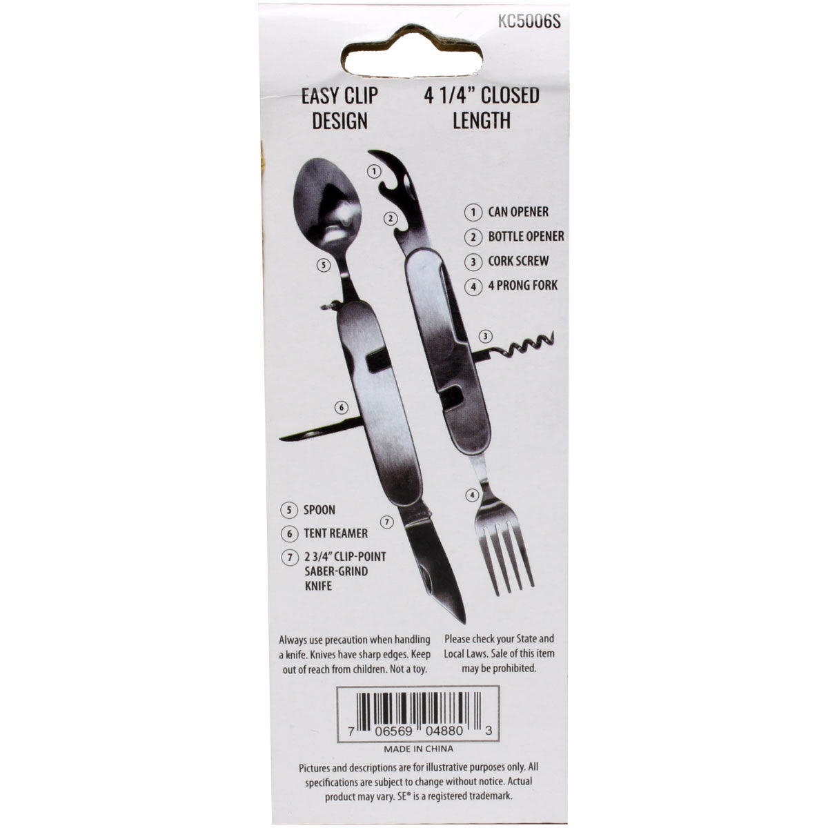 Multi-tool knife, fork, and spoon combo with can and bottle opener, durable tools from quakekits.com for outdoor and everyday use.